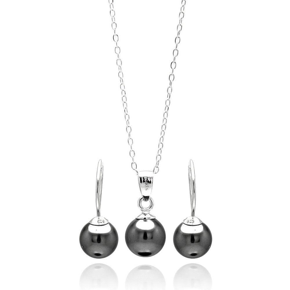 Silver 925 Rhodium Plated Black Hanging Hook Earring and Necklace Set - STS00459 | Silver Palace Inc.