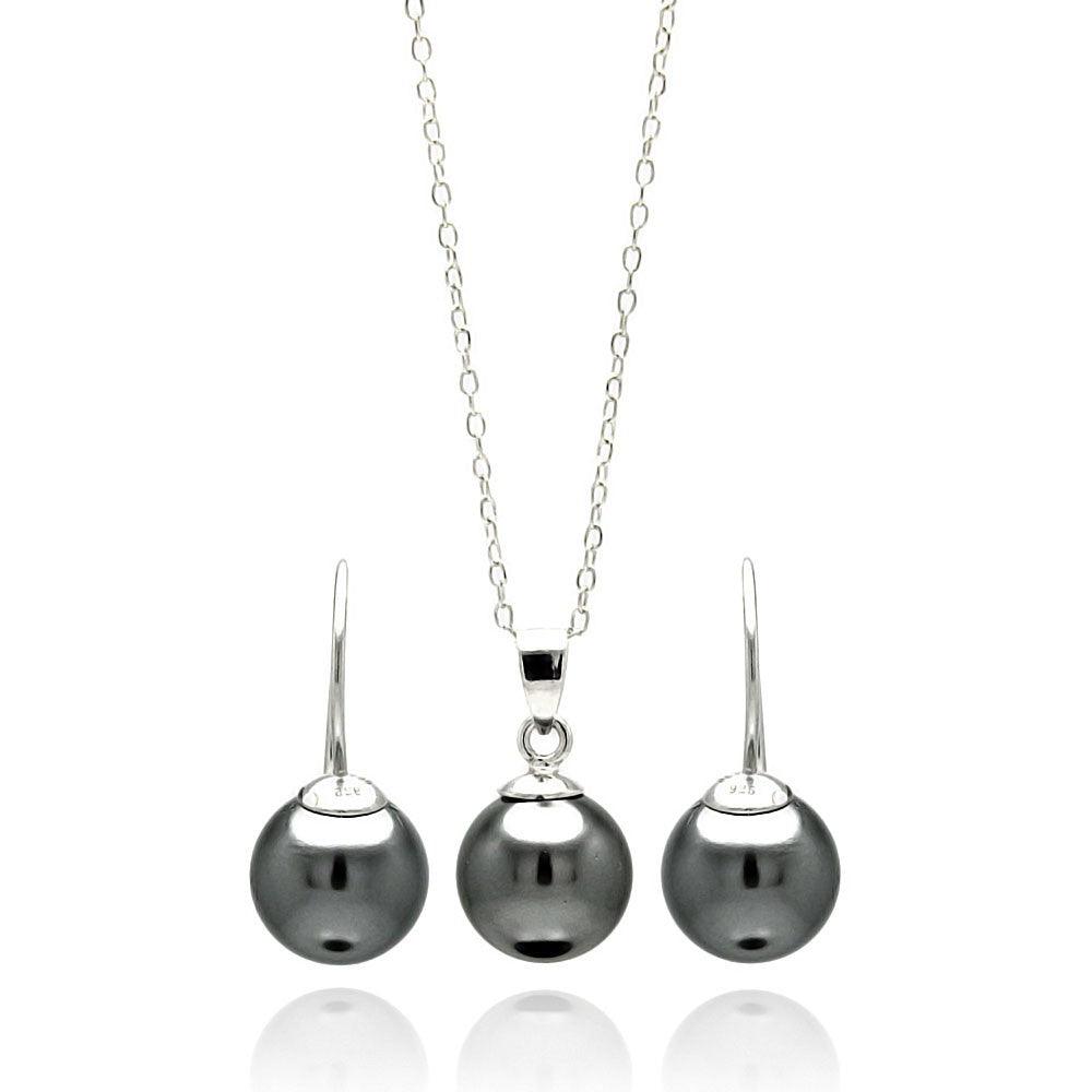 Silver 925 Rhodium Plated Black Pearl Hanging Earring and Necklace Set - STS00460 | Silver Palace Inc.