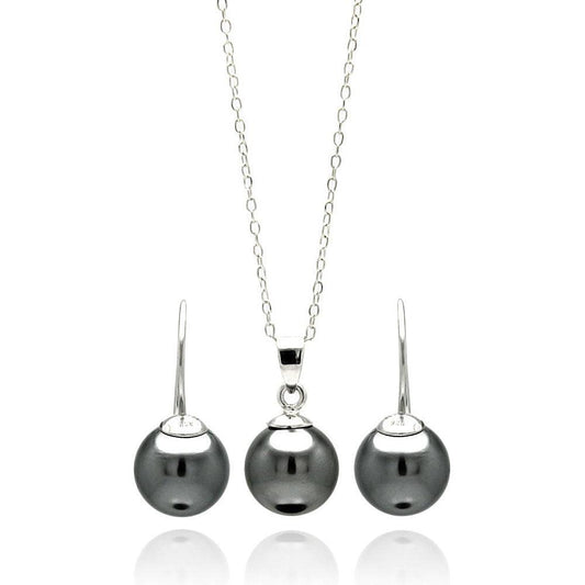 Silver 925 Rhodium Plated Black Pearl Hanging Earring and Necklace Set - STS00460 | Silver Palace Inc.