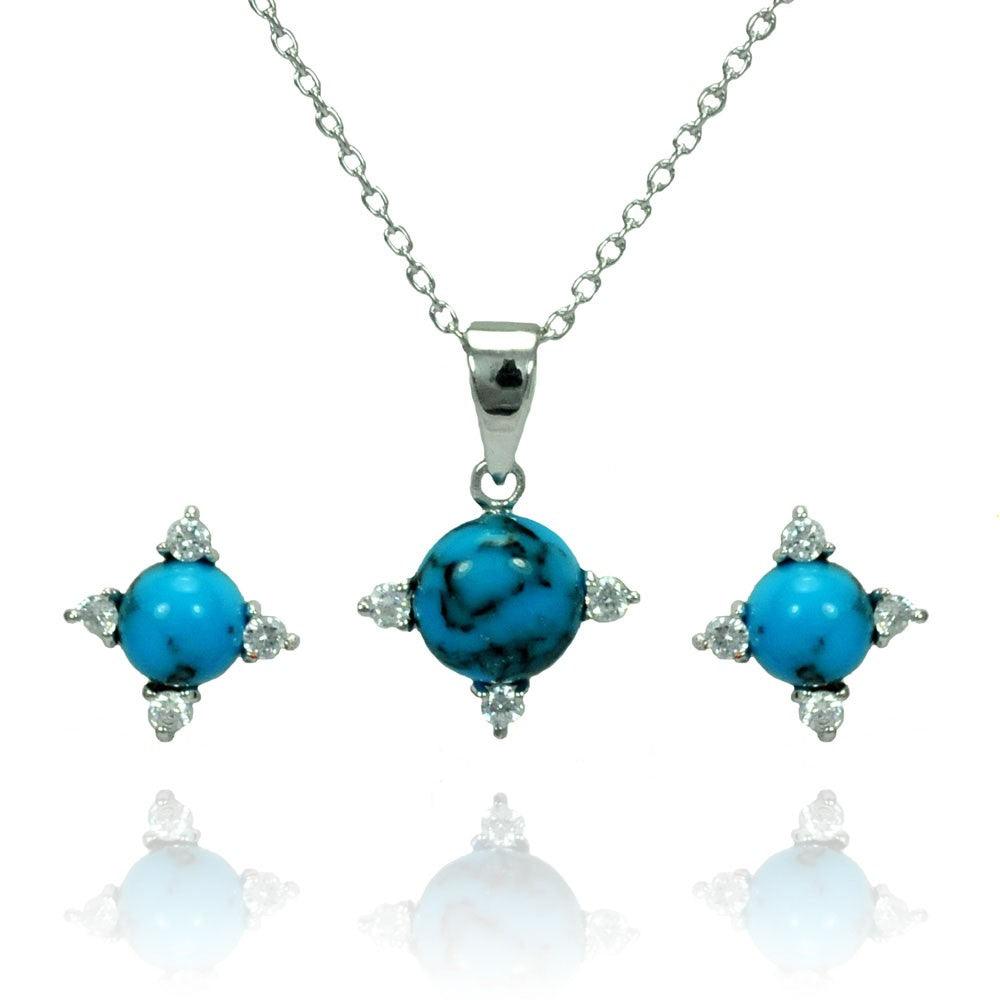 Silver 925 Rhodium Plated Blue Ball CZ Stud Earring and Necklace Set - STS00476 | Silver Palace Inc.