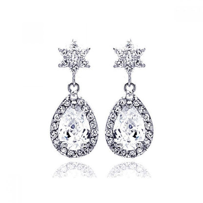 Silver 925 Rhodium Plated Star Teardrop Center Clear CZ Inlay Outline Dangling Stud Earrings - BGE00186 | Silver Palace Inc.