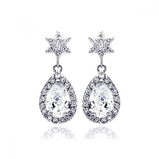 Silver 925 Rhodium Plated Star Teardrop Center Clear CZ Inlay Outline Dangling Stud Earrings - BGE00186 | Silver Palace Inc.