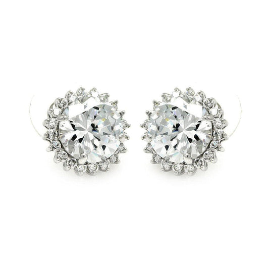 Silver 925 Rhodium Plated Round Center Sun CZ Stud Earrings - BGE00212 | Silver Palace Inc.