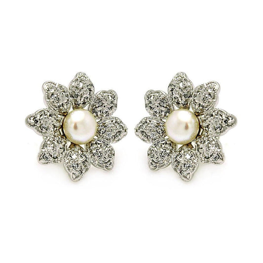 Silver 925 Rhodium Plated Flower CZ Inlay Center Pearl Stud Earrings - BGE00214 | Silver Palace Inc.
