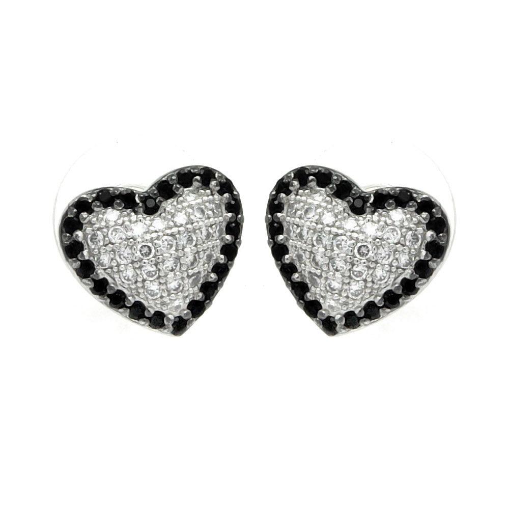 Silver Rhodium Plated Black and Clear Heart CZ Inlay Outline Stud Earrings - BGE00215 | Silver Palace Inc.