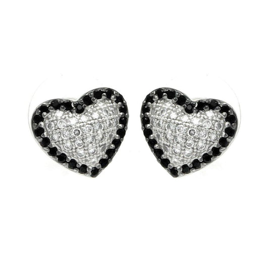 Silver Rhodium Plated Black and Clear Heart CZ Inlay Outline Stud Earrings - BGE00215 | Silver Palace Inc.