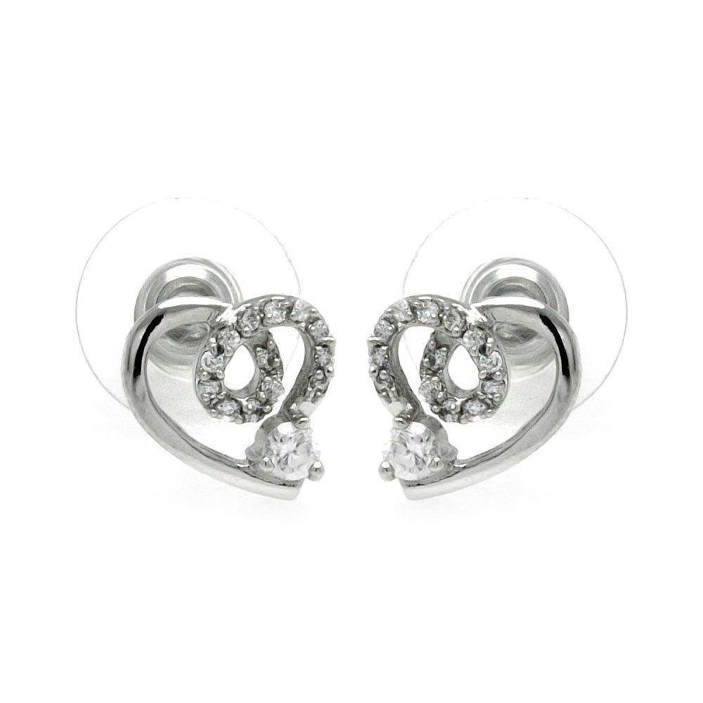 Silver 925 Rhodium Plated Open Heart CZ Outline Stud Earrings - BGE00228 | Silver Palace Inc.