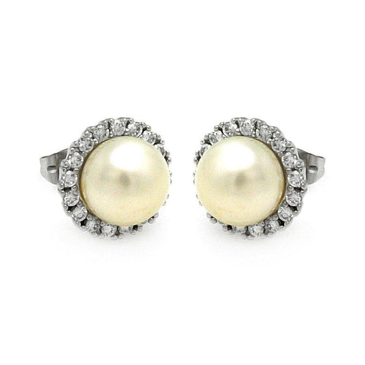 Silver 925 Rhodium Plated Round CZ Center Fresh Water Pearl Stud Earrings - BGE00253 | Silver Palace Inc.