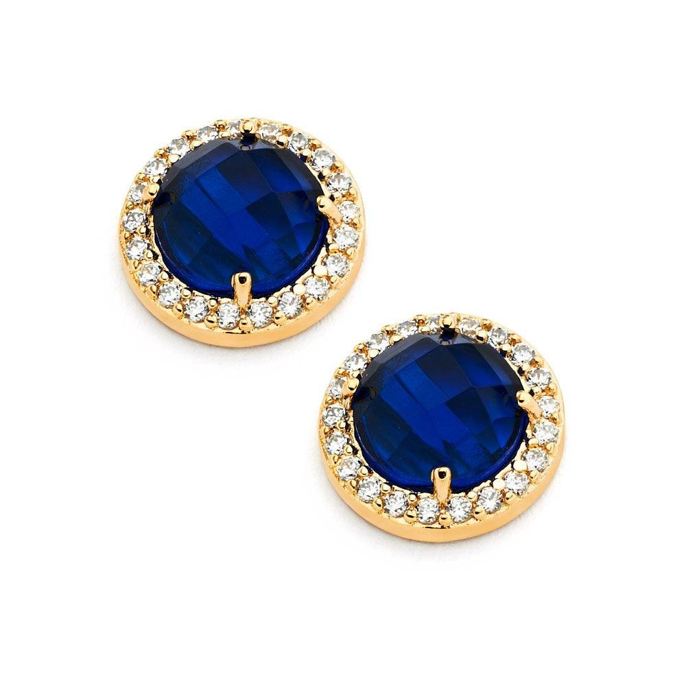Silver 925 Gold Plated Blue Center Clear Outline CZ Stud Earrings - BGE00360B | Silver Palace Inc.