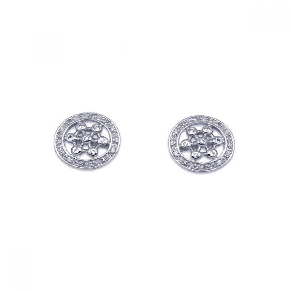 Closeout-Silver 925 Rhodium Plated Round Helm Wheel CZ Stud Earrings - STE00129 | Silver Palace Inc.