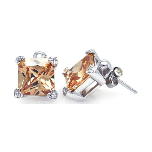 Silver 925 Rhodium Plated Square Champagne CZ Stud Earrings - STE00634CH | Silver Palace Inc.