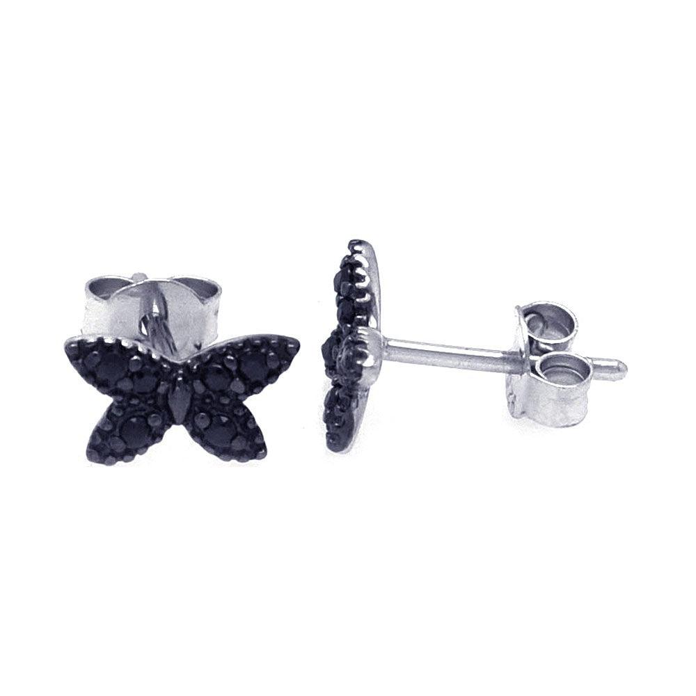 Silver 925 Rhodium Plated Black Butterfly CZ Post Earrings - STE00698 | Silver Palace Inc.