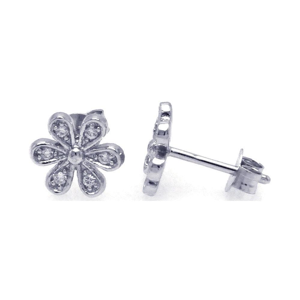 Silver 925 Rhodium Plated Round Flower Clear CZ Post Earrings - STE00745 | Silver Palace Inc.