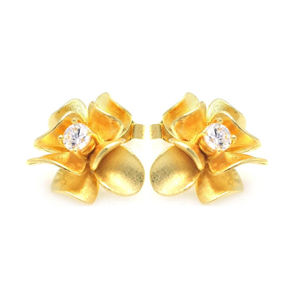 Silver 925 Gold Rhodium Plated Flower Round Clear CZ Stud Earrings - STE00753 | Silver Palace Inc.