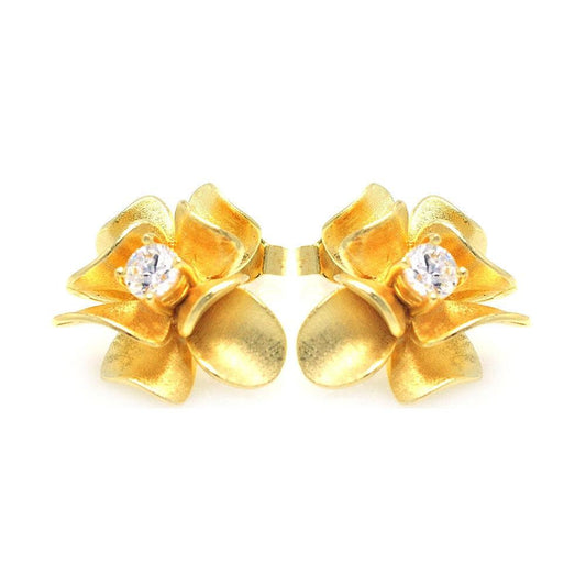 Silver 925 Gold Rhodium Plated Flower Round Clear CZ Stud Earrings - STE00753 | Silver Palace Inc.