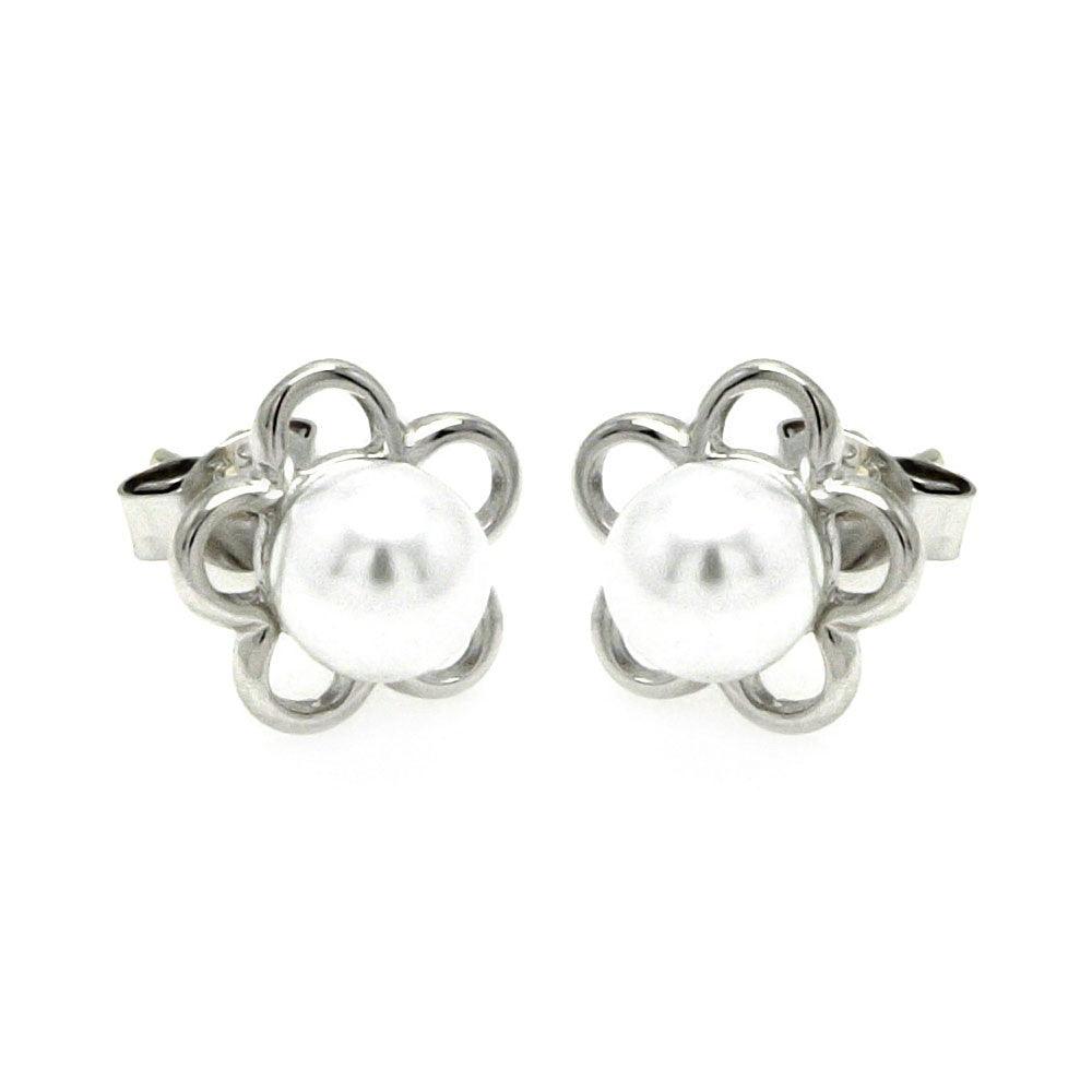 Silver 925 Rhodium Plated Open Star Pearl Stud Earrings - STE00894 | Silver Palace Inc.