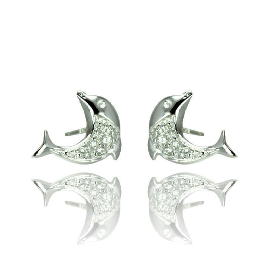 Silver 925 Rhodium Plated Dolphin CZ Stud Earrings - STE00905 | Silver Palace Inc.