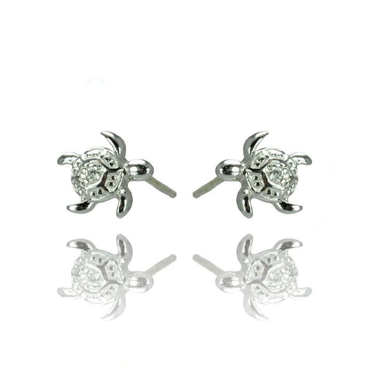 Silver 925 Rhodium Plated Turtle CZ Stud Earrings - STE00907 | Silver Palace Inc.