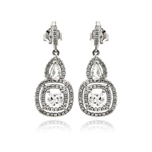 Silver 925 Rhodium Plated Micro Pave Clear Teardrop Square CZ Dangling Stud Earrings - ACE00076 | Silver Palace Inc.