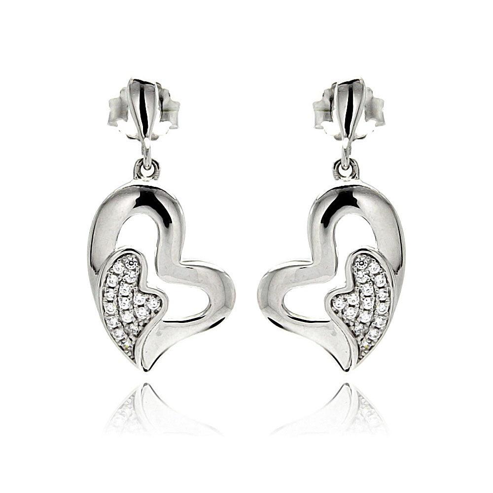 Silver 925 Rhodium Plated Micro Pave Clear Heart Inlay CZ Dangling Earrings - ACE00077 | Silver Palace Inc.