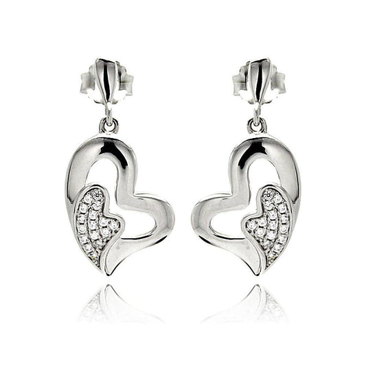 Silver 925 Rhodium Plated Micro Pave Clear Heart Inlay CZ Dangling Earrings - ACE00077 | Silver Palace Inc.