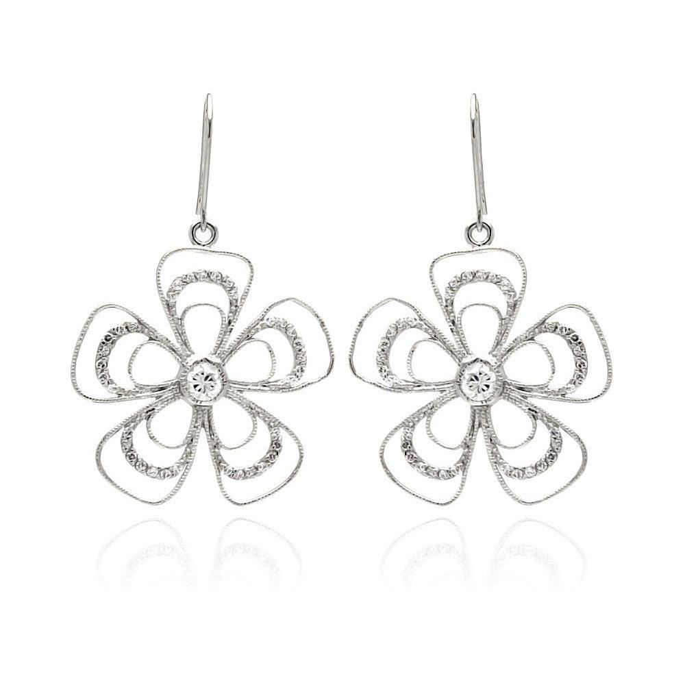 Closeout-Silver 925 Rhodium Plated Open Flower CZ Dangling Hook Earrings - BGE00232 | Silver Palace Inc.