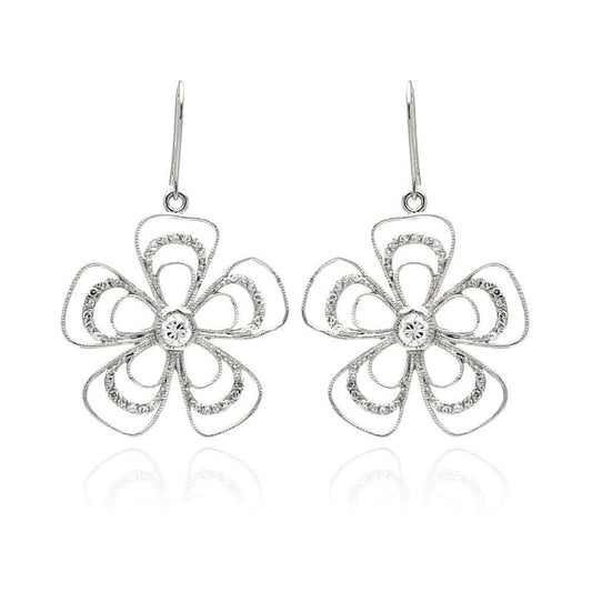 Closeout-Silver 925 Rhodium Plated Open Flower CZ Dangling Hook Earrings - BGE00232 | Silver Palace Inc.