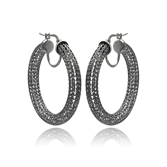 Closeout-Silver 925 Black Rhodium Mesh Plated Hoop Earrings - ITE00039BLK | Silver Palace Inc.