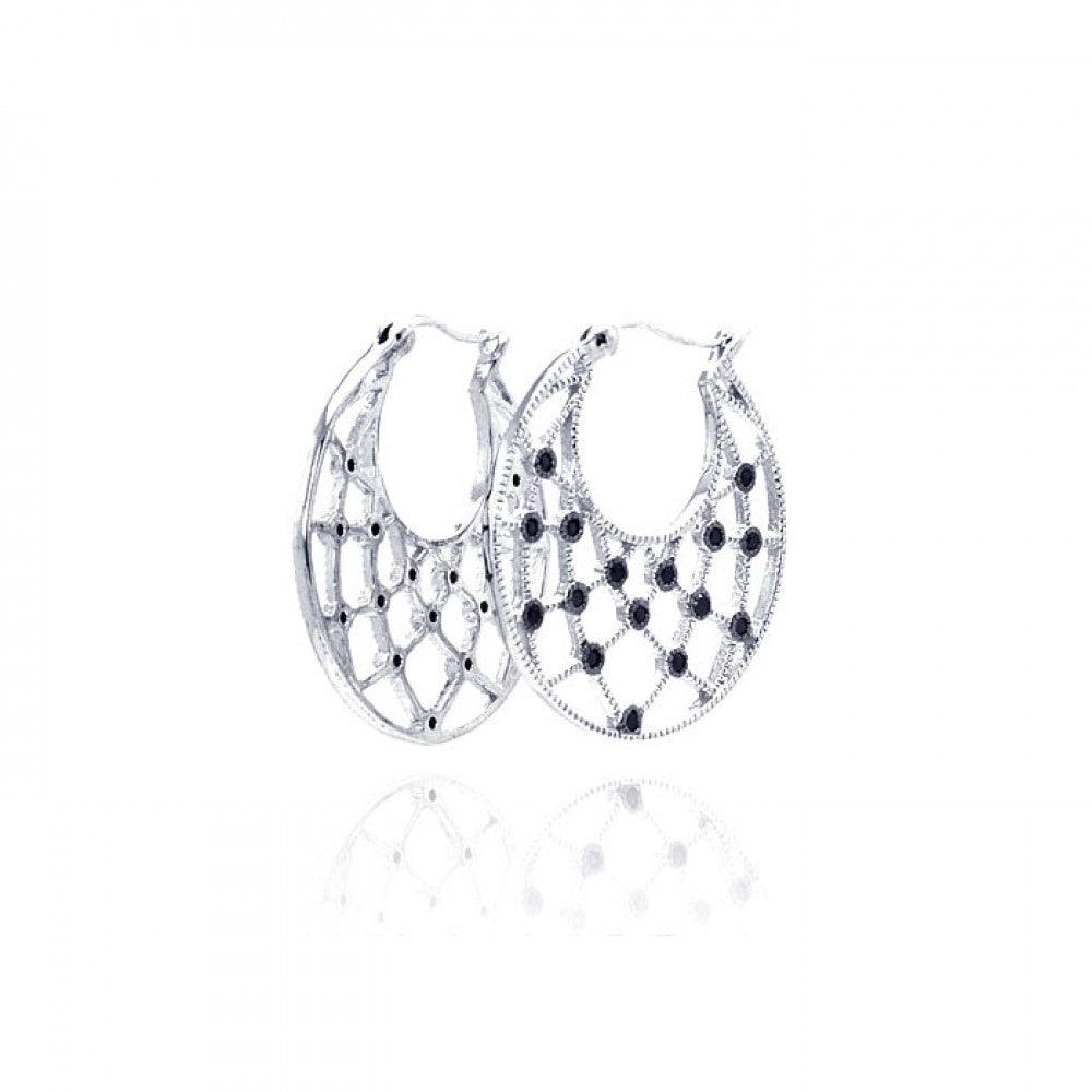 Closeout-Silver 925 Rhodium Plated Black Round CZ Web Crescent Hoop Earrings - STE00519BLK | Silver Palace Inc.