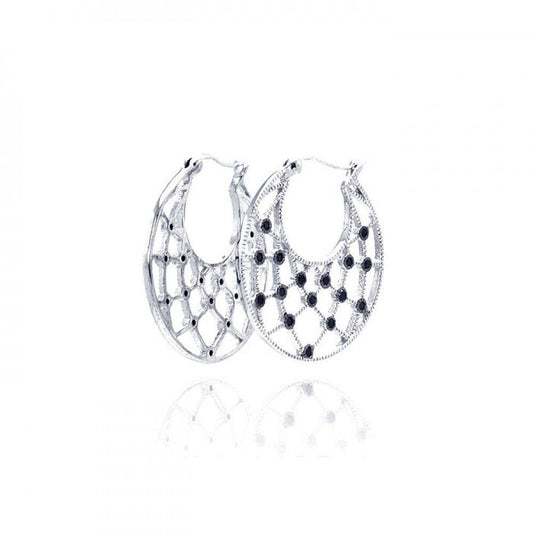 Closeout-Silver 925 Rhodium Plated Black Round CZ Web Crescent Hoop Earrings - STE00519BLK | Silver Palace Inc.