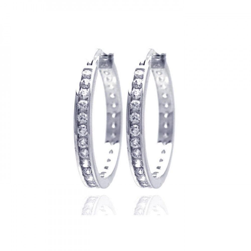 Silver 925 Rhodium Plated Round Clear CZ Hoop Earrings - AAE00002-25MM | Silver Palace Inc.