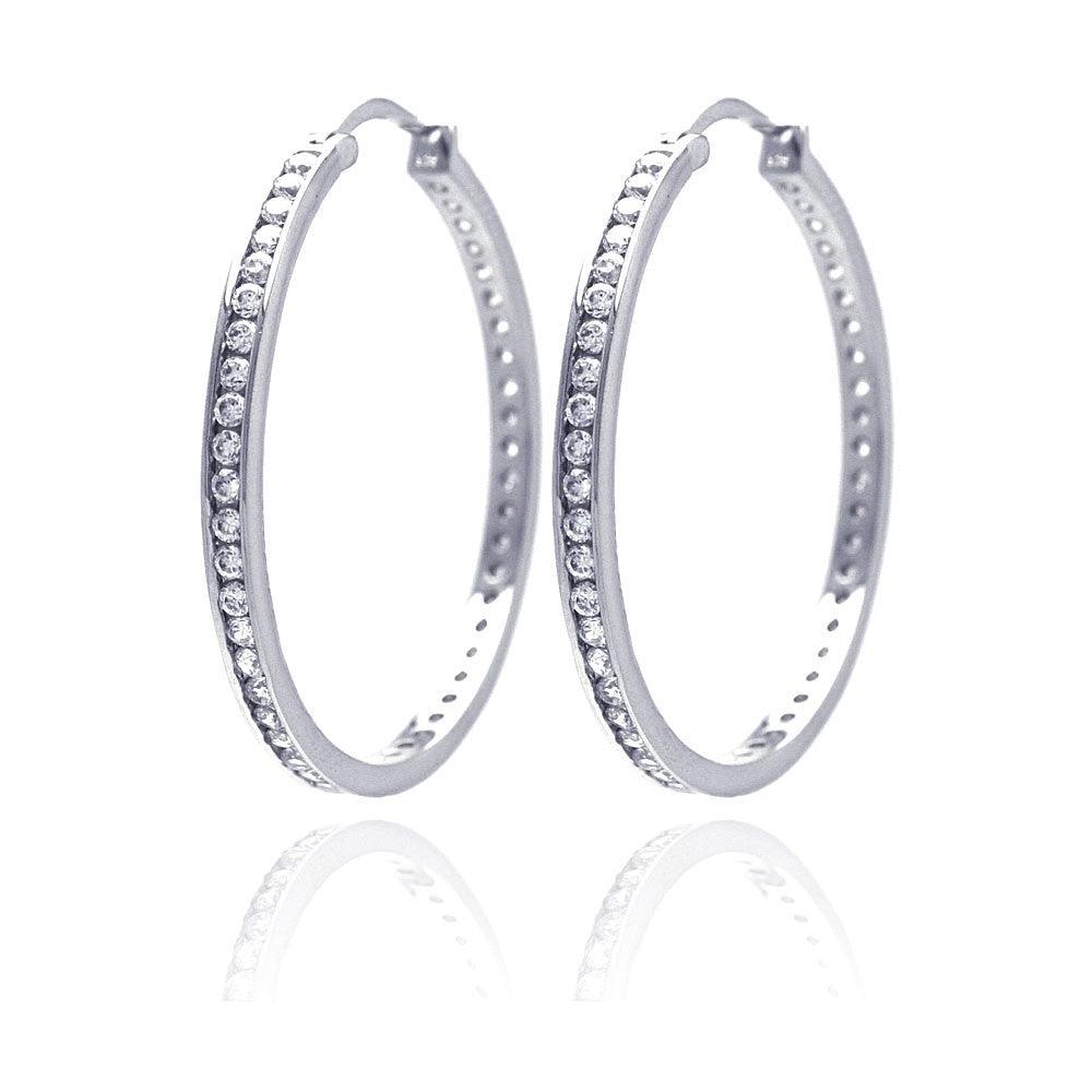 Silver 925 Rhodium Plated Round Clear CZ Hoop Earrings - AAE00002-40MM