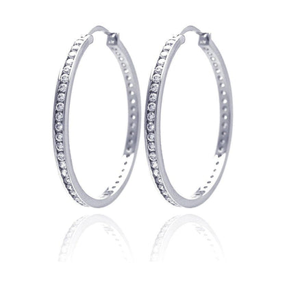 Silver 925 Rhodium Plated Round Clear CZ Hoop Earrings - AAE00002-40MM