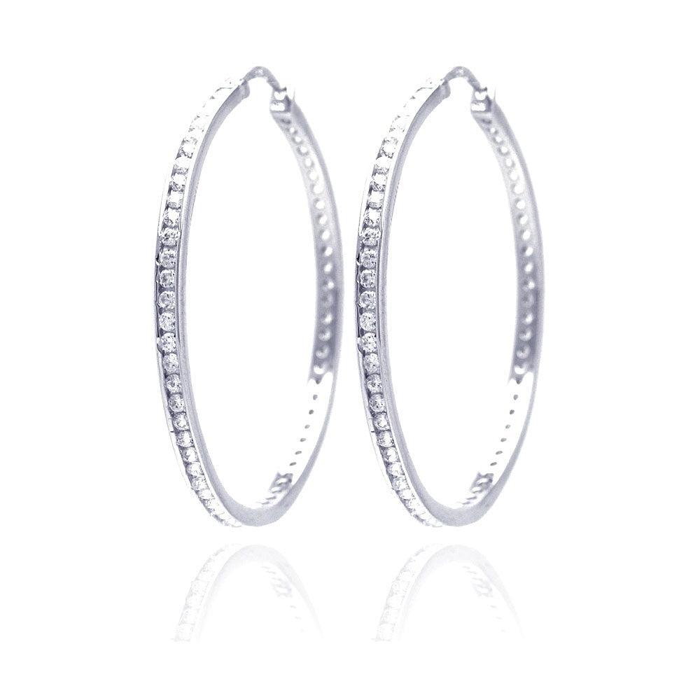 Silver 925 Rhodium Plated Round Clear CZ Hoop Earrings - AAE00002-45MM