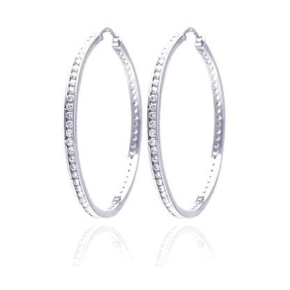 Silver 925 Rhodium Plated Round Clear CZ Hoop Earrings - AAE00002-45MM