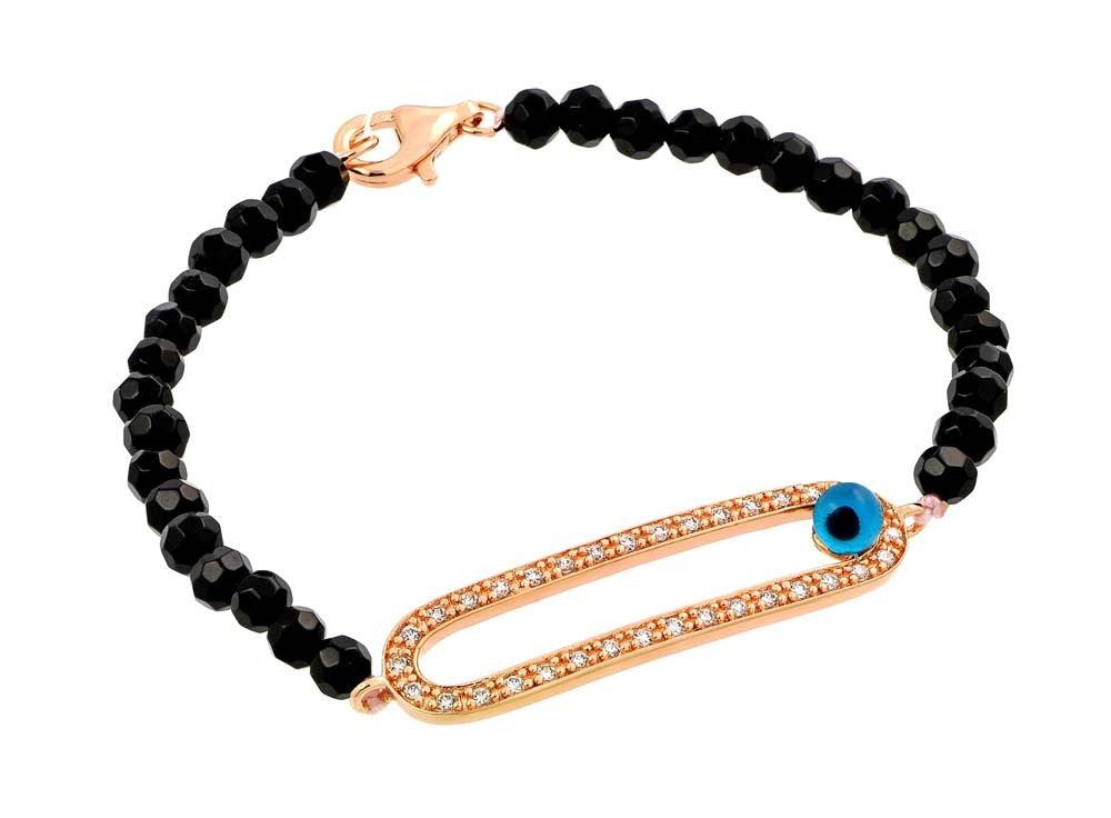 Silver 925 Rose Plated Evil Eye Open Oval CZ Black Beads Bracelet - BGB00170RGP | Silver Palace Inc.