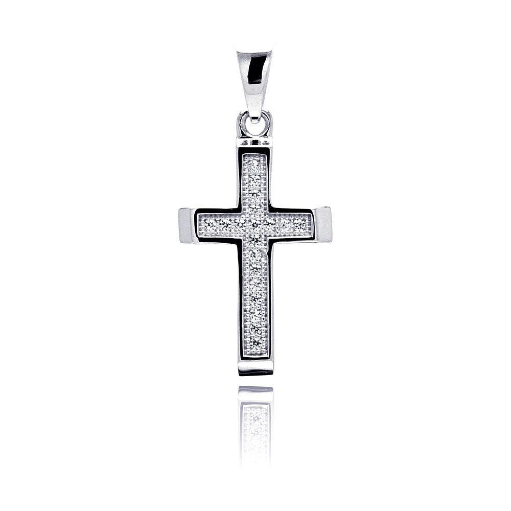 Silver 925 Rhodium Plated Cross Inlay Micro Pave CZ Dangling Pendant - ACP00068