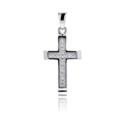 Silver 925 Rhodium Plated Cross Inlay Micro Pave CZ Dangling Pendant - ACP00068