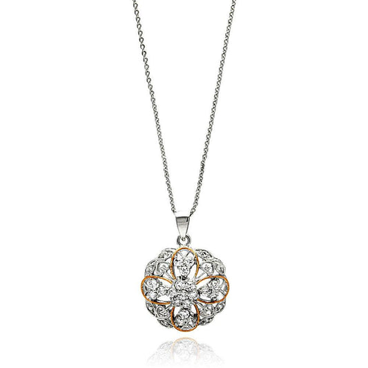 Silver 925 Rhodium Plated Flower and Heart Design CZ Inlay Necklace - BGP00654 | Silver Palace Inc.