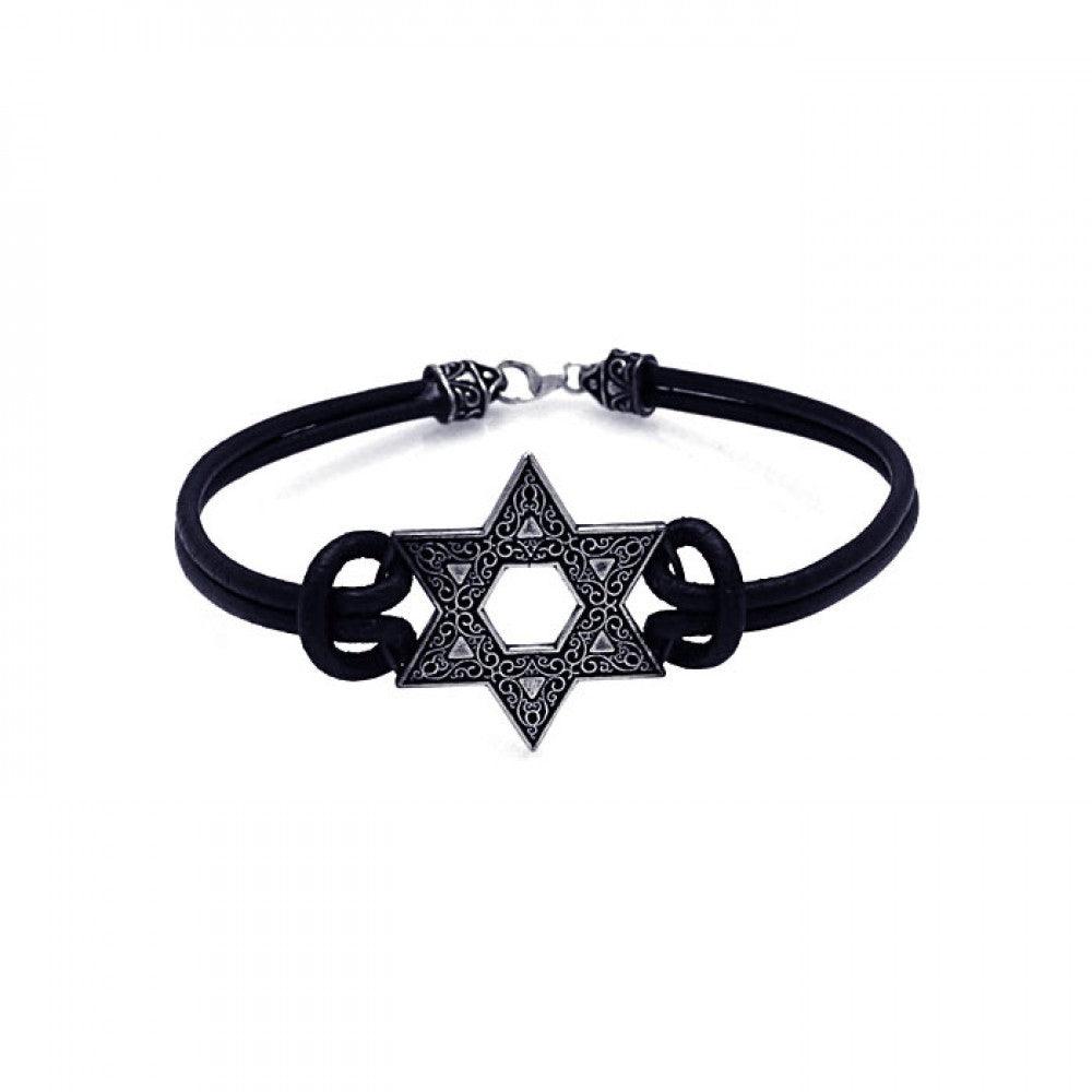 Closeout-Silver 925 Oxidized Star Of David on a Leather Bracelet - OXB00005 | Silver Palace Inc.