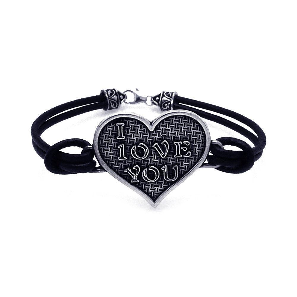 Closeout-Silver 925 Oxidized I LOVE YOU Heart Leather Bracelet - OXB00006 | Silver Palace Inc.