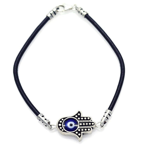 Closeout-Silver 925 Oxidized Blue Evil Eye Hamsa Hand on a Leather Bracelet - OXB00008 | Silver Palace Inc.