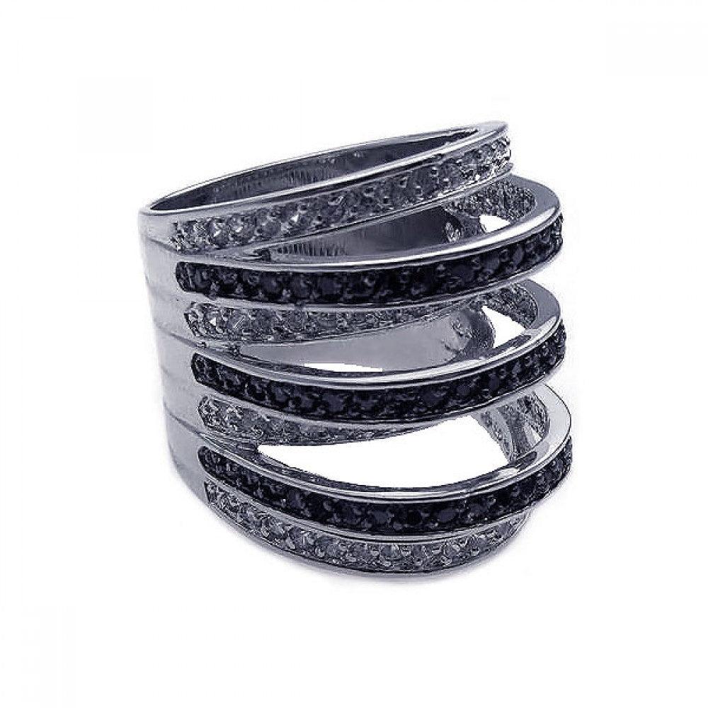 Silver 925 Rhodium and Black Rhodium Plated Black and Clear CZ Stripe Ring - BGR00171 | Silver Palace Inc.