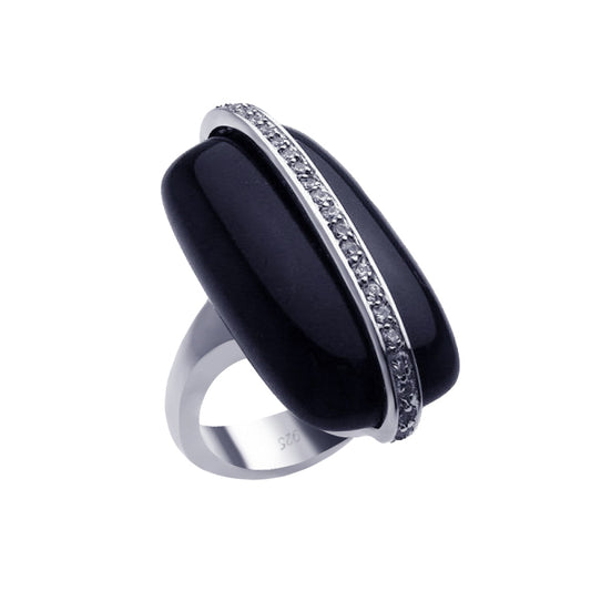 Closeout-Silver 925 Rhodium Plated Clear CZ Elongated Black Onyx Ring - BGR00185