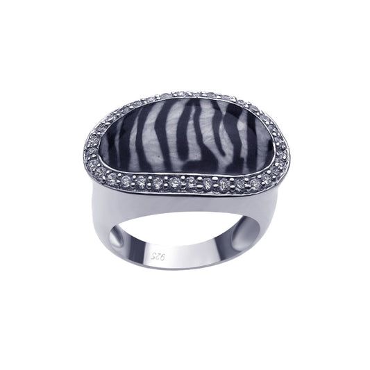 Closeout-Silver 925 Rhodium Plated Clear CZ Border Zebra Print Ring - BGR00189