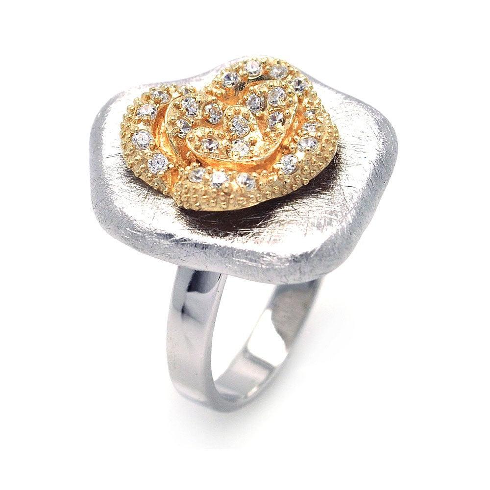 Closeout-Silver 925 Rhodium and Gold Plated Matte Finish Clear CZ Flower Ring - BGR00260 | Silver Palace Inc.