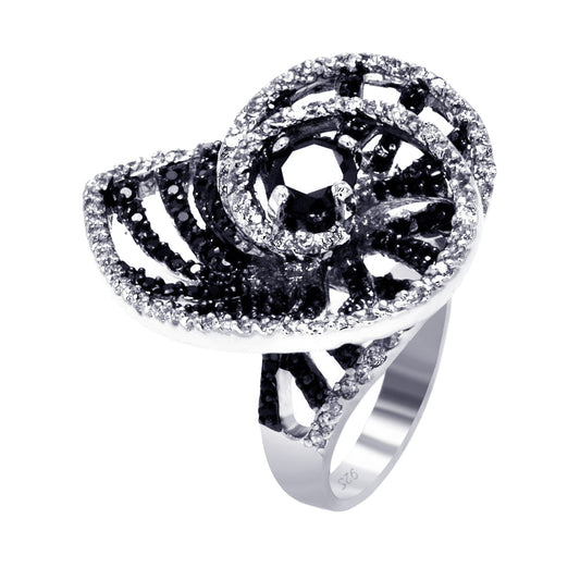 Closeout-Silver 925 Rhodium and Black Rhodium Plated 2 Toned Black and Clear CZ Shell Ring - BGR00315