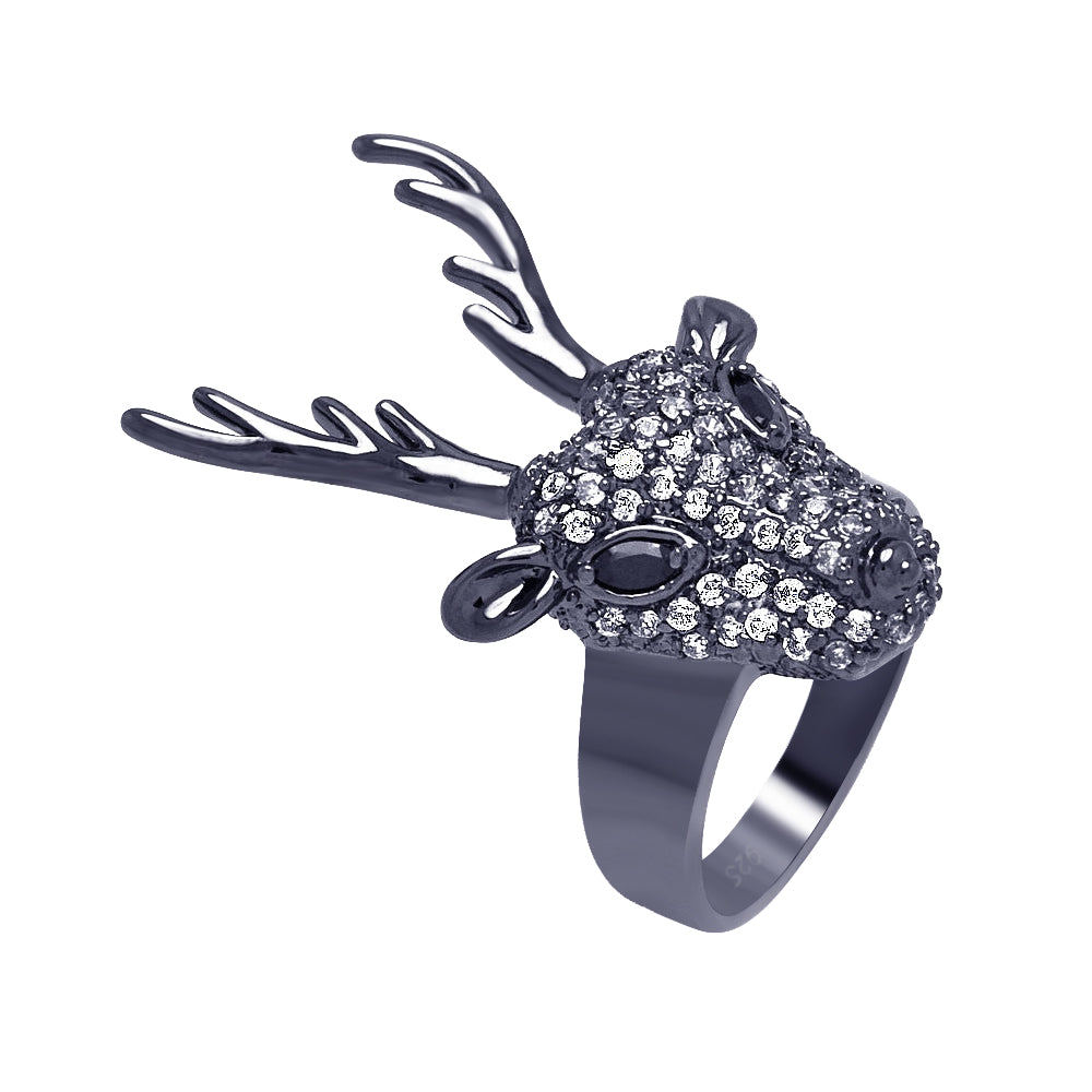 Closeout-Silver 925 Black Rhodium Plated Black and Clear CZ Reindeer Head Ring - BGR00325