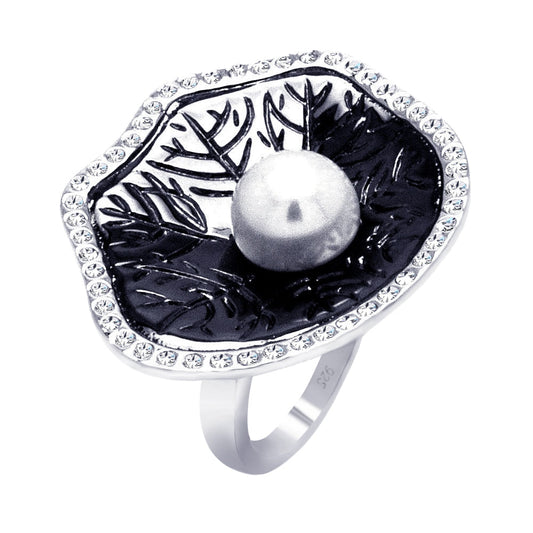 Closeout-Silver 925 Rhodium and Black Rhodium Plated 2 Toned Pearl Center Clear CZ Leaf Ring - BGR00328