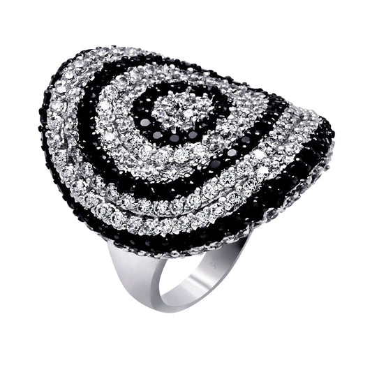 Closeout-Silver 925 Rhodium and Black Rhodium Plated Clear and Black CZ Spiral Ring - BGR00352